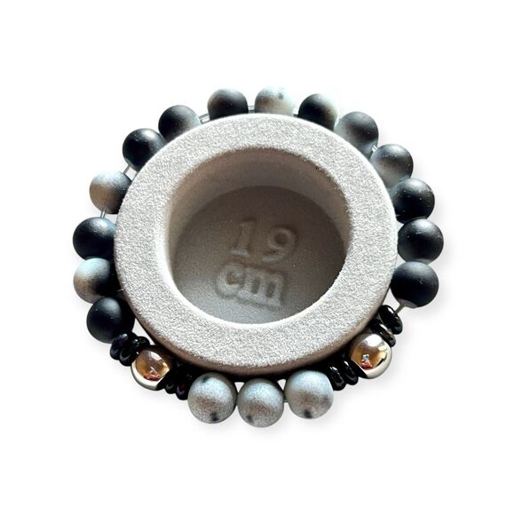 Handmade Coated Glass 10mm Beaded Bracelet 7.5" Man Woman Black Grey And Silver - Picture 3 of 4